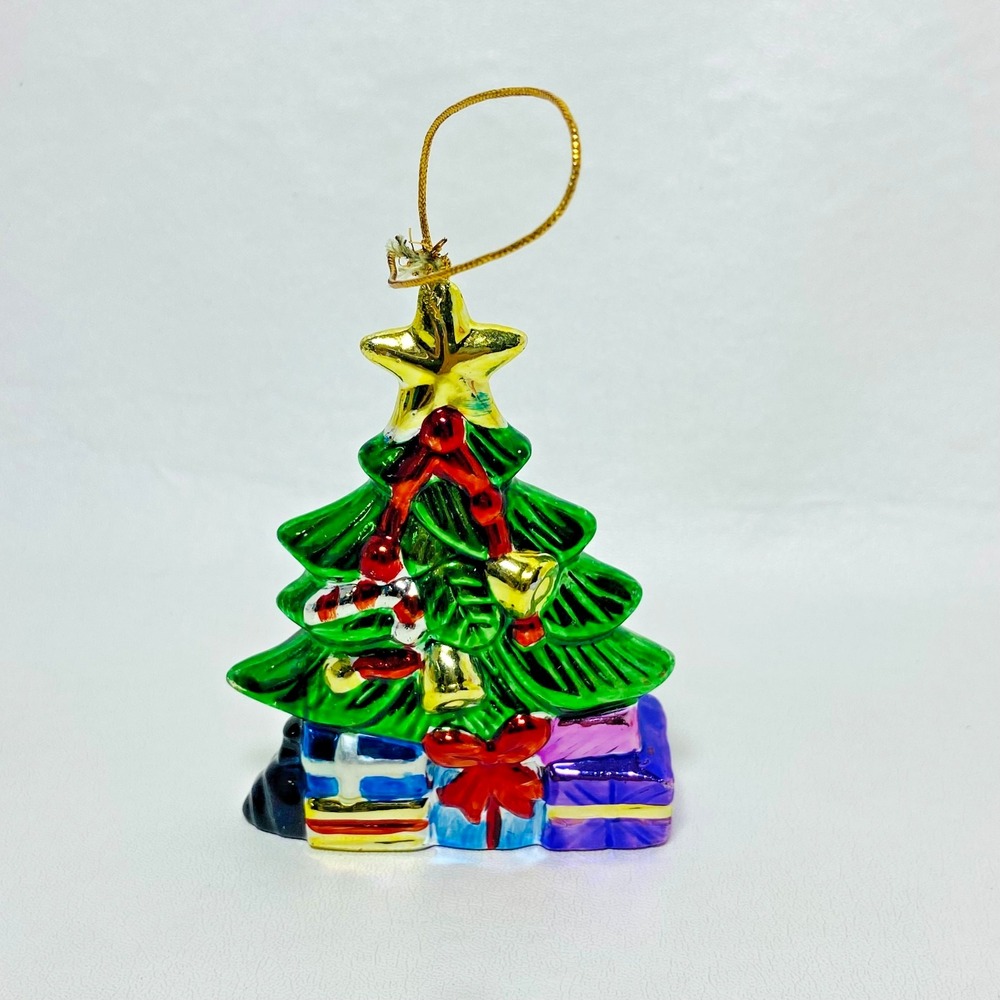 Ceramic Metallic Hand Painted Christmas Tree Presents 3.25" Holiday Ribbon Bells - Picture 2 of 4